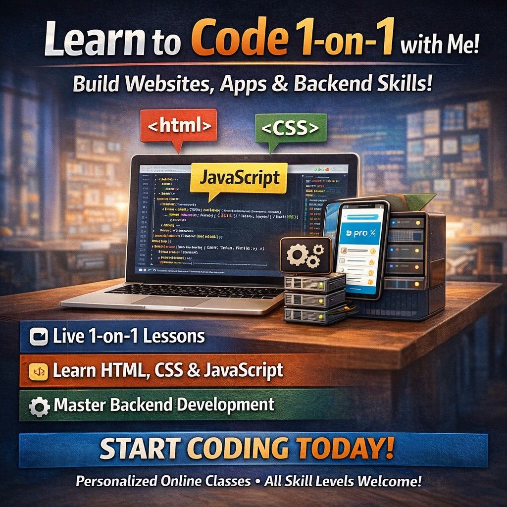 1-on-1 Coding Lessons: HTML, CSS, JavaScript (Category: Announcements) located in Singapore. Submitted by goodbakes (Listing ID 1433159330, Image 1). Description: Learn to code with structured, 1-on-1 mentorship. I help you go from beginner to building real-world websites and applications using HTML, CSS, JavaScript, and backend technologies. This is not a generic course — every lesson is tailored to your goals, pace, and learning style. Ideal fo