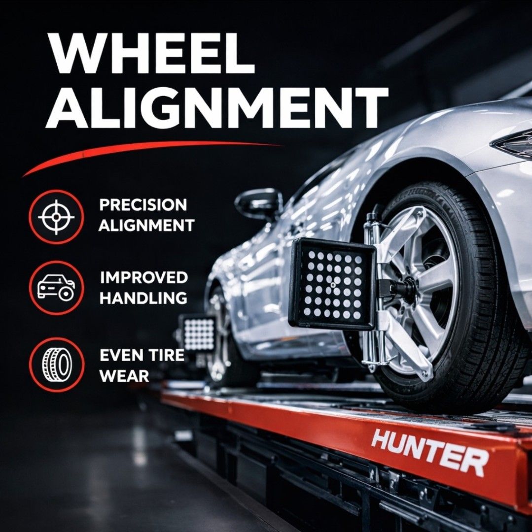 4 wheels Computerised Alignment (Category: Suspension & Handling) located in Singapore. Submitted by 365_automotive (Listing ID 1433071150, Image 1). Description: HUNTER 4-WHEEL COMPUTERIZED ALIGNMENT If your car is pulling to one side, don’t ignore it. That’s your alignment going off — and it will only get worse. Bad alignment = ❌ Unsafe driving ❌ Faster tyre wear ❌ More money wasted Warning signs: • Steering not straight • Car drifting left/rig