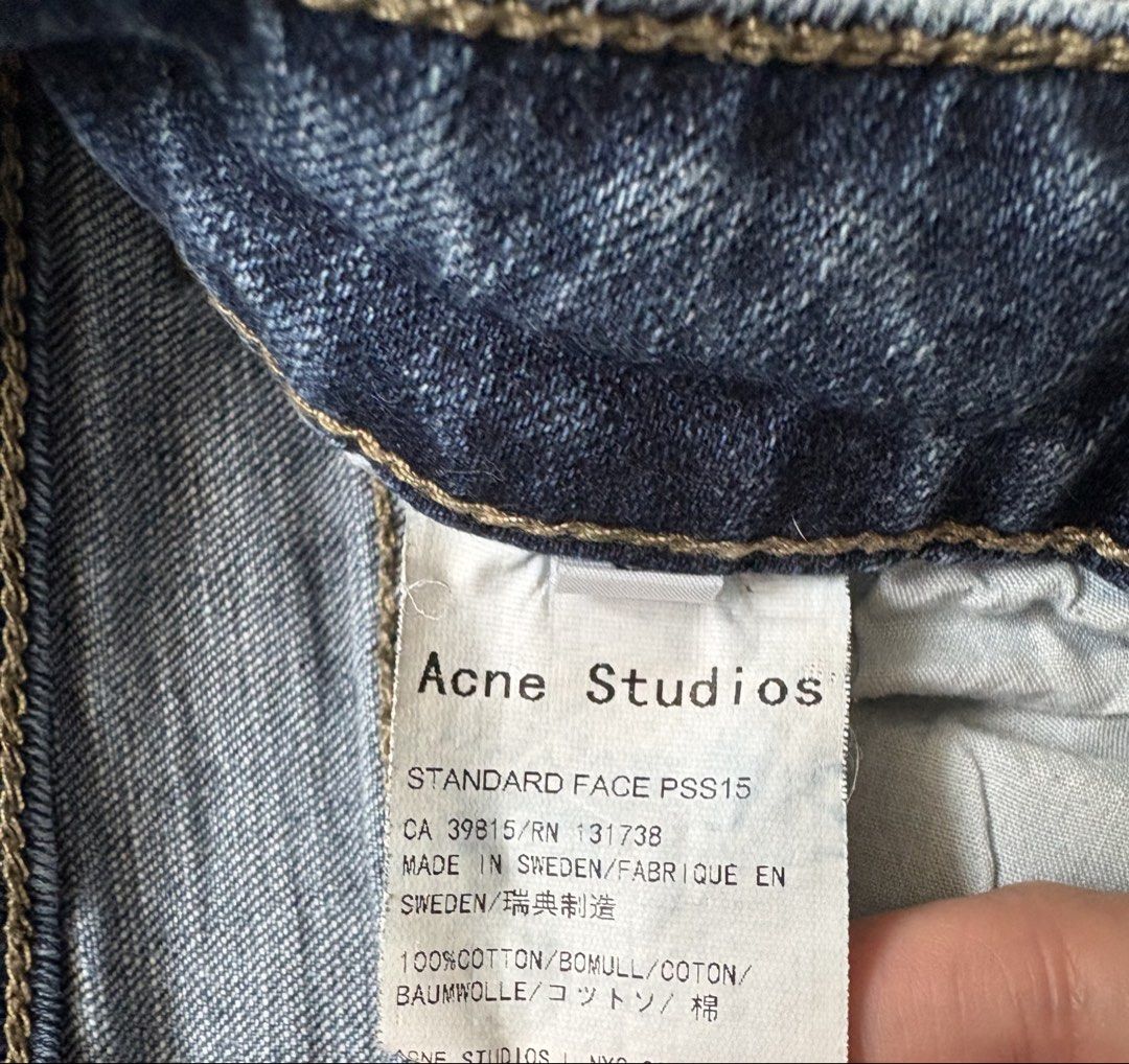 Acne Studios Ripped Jeans (Category: Jeans) located in Quezon City. Submitted by issa1221 (Listing ID 1433097619, Image 3). Description: - Acne Studios Standard Face jeans - Classic blue wash - Distressed detailing on knees - Raw hem - Made in Sweden - Material: 100% cotton - Size: Not indicated.