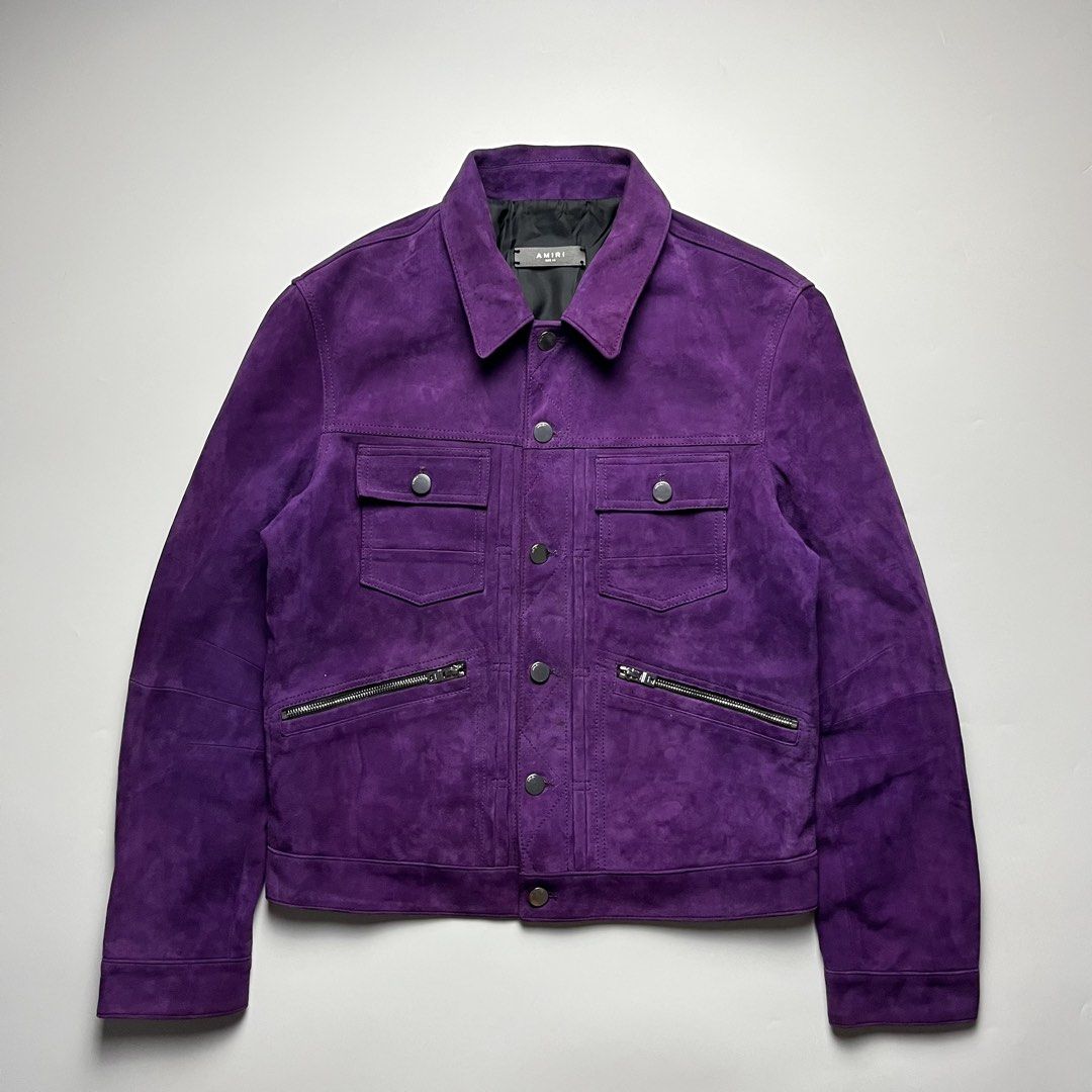 AMIRI S/S20 Purple Suede Trucker Jacket (Category: Luxury Apparel) located in Manila. Submitted by streetsavvy (Listing ID 1433120829, Image 2). Description: AMIRI S/S20 Purple Suede Trucker Jacket Size: 46 Width: 21” Length: 25” Shoulder: 18” Sleeve Length: 26” Hem: 19” measured in inches Condition: Very good condition with signs of wear Flaw: Dot marks on Collar (barely noticeable) Made in Italy 100% Genuine Leather.