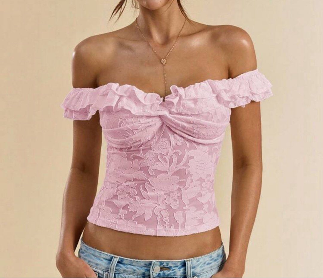 Baby Pink Off-Shoulder Ruffle Top (Category: Blouses) located in Quezon City. Submitted by samxg (Listing ID 1433107448, Image 1). Description: Bnew!! never worn :) got this for 480, slightly loose sa chest area lol.