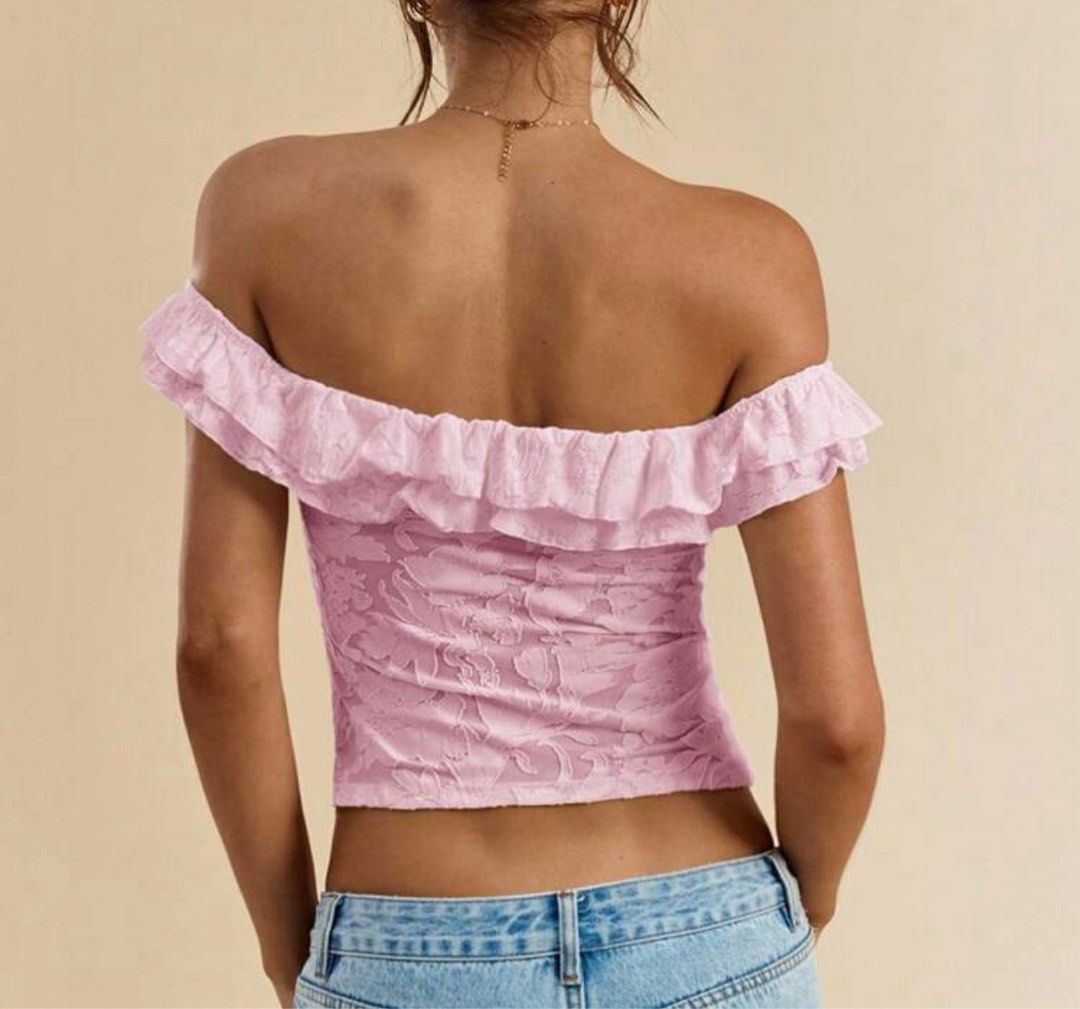 Baby Pink Off-Shoulder Ruffle Top (Category: Blouses) located in Quezon City. Submitted by samxg (Listing ID 1433107448, Image 2). Description: Bnew!! never worn :) got this for 480, slightly loose sa chest area lol.