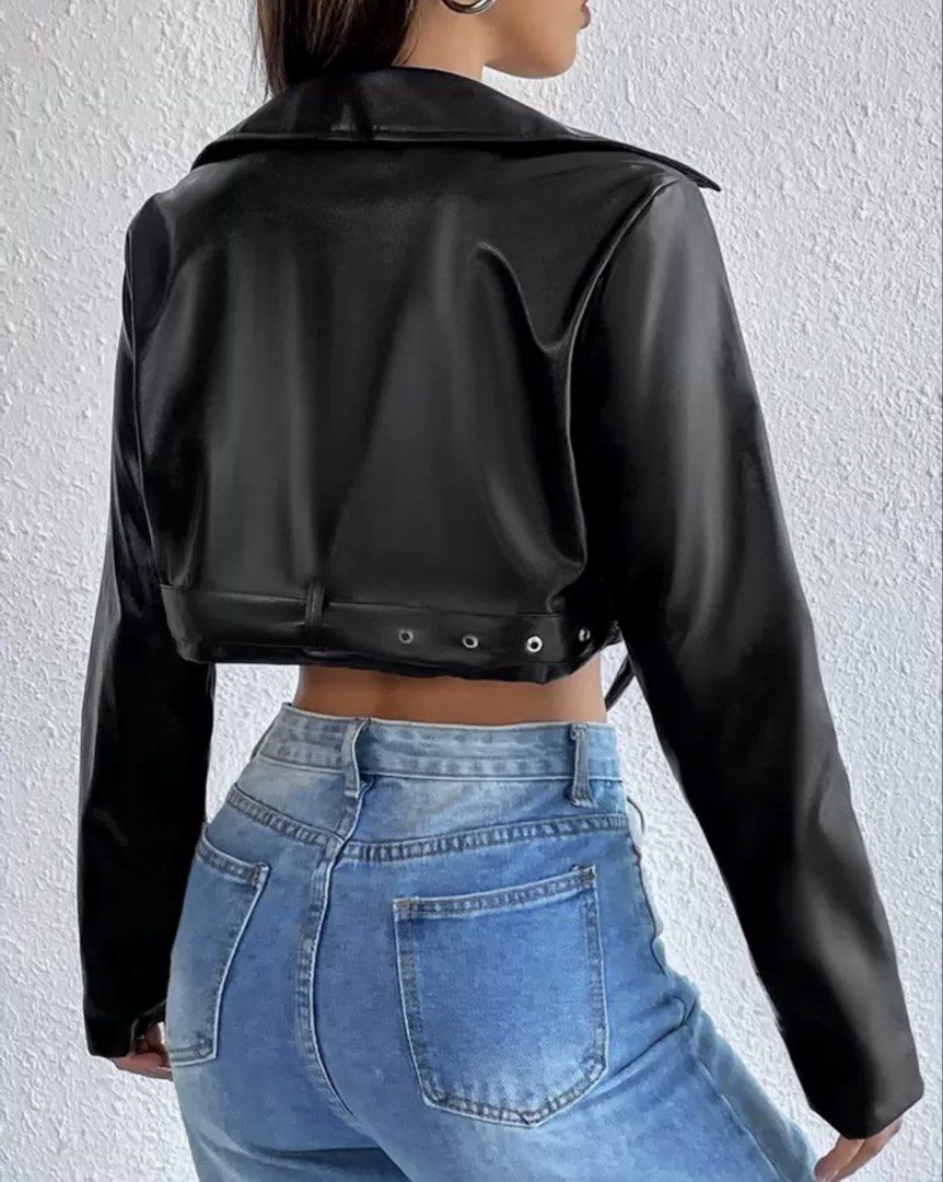 Black Cropped Faux Leather Jacket (Category: Coats, Jackets and Outerwear) located in Manila. Submitted by thriftbarboutique (Listing ID 1433013861, Image 3). Description: Only used once. Stylish black cropped jacket made of faux leather. Features a collared neckline, long sleeves, and a zip-up front. Includes a belt detail at the waist. Perfect for adding a chic touch to any outfit. The jacket's measurements are provided in the image..