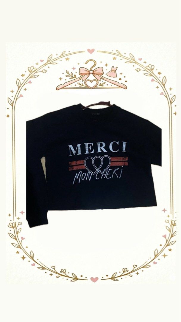Black Merci Mon Cheri Sweatshirt (Category: Coats, Jackets and Outerwear) located in Pateros City. Submitted by pxlliix (Listing ID 1433039133, Image 1). Description: - Black sweatshirt - "MERCI MON CHERI" print with two hearts - Crew neck - Long sleeves - Casual style.