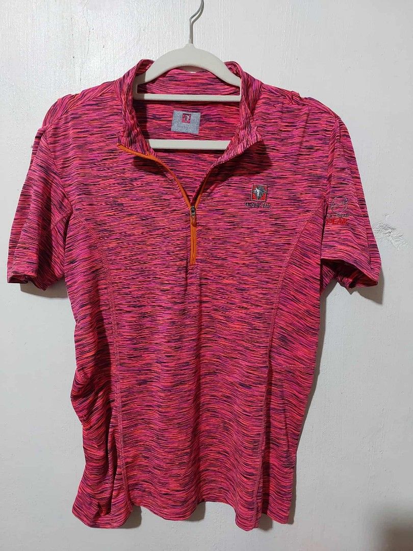 Black Yak Extreme Peak Zip-Up Top (Category: Activewear) located in Quezon City. Submitted by MA_finds014 (Listing ID 1433101593, Image 1). Description: - Pink and black patterned zip-up top - Half-zip closure with orange zipper - Black Yak logo on left chest - Extreme Peak logo on right sleeve - Short sleeves - High collar.