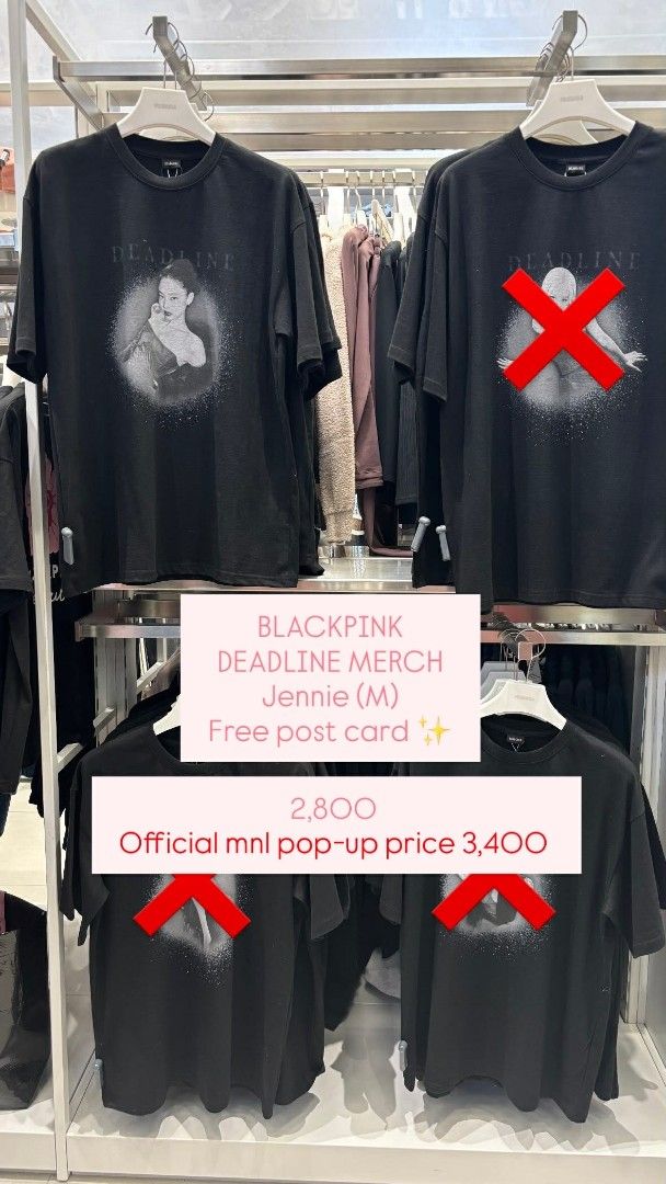 BLACKPINK DEADLINE MERCH Jennie (M) (Category: Shirts) located in Caloocan City. Submitted by prelovedby.m03 (Listing ID 1433176898, Image 1). Description: - Official BLACKPINK DEADLINE MERCH Jennie T-shirt - Size: M - Color: Black - Features a graphic of Jennie - Includes a free postcard - Selling Price: ₱2,800 (Original Price: ₱3,400) * bought at Musinsa store myeongdong pop-up .