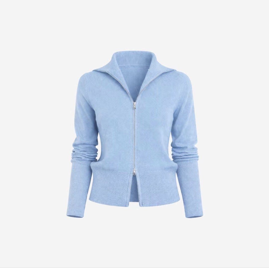 BSCO Avery Knitted Double Zip Sweater & Asher Lounge Pants (Category: Sets or Coordinates) located in Manila. Submitted by everything.haven (Listing ID 1433033641, Image 1). Description: - Baby blue knitted set - Includes double zip sweater and lounge pants - Sweater features a collared neckline - Pants have a drawstring waist and flared leg - Size: S - Waist: 26cm - Perfect for a casual and comfortable look.