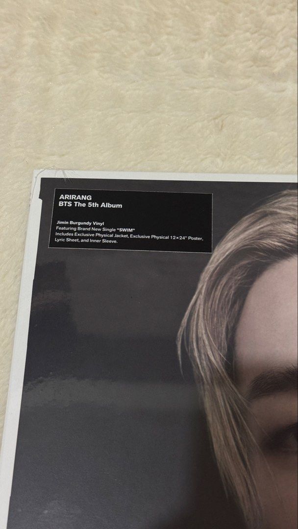 BTS - JIMIN ARIRANG (Standard Vinyl) (Category: Vinyls) located in Pasay City. Submitted by zette_ (Listing ID 1433128177, Image 3). Description: ✔️BTS - ARIRANG (Standard Vinyl) - BTS Arirang The 5th Album (Sealed) - Includes: - Jimin Burgundy Vinyl - Single: "SWIM" - Exclusive Physical Jacket - Exclusive Physical 12x24 Poster - Lyric Sheet - Inner Sleeve - Features all BTS members..