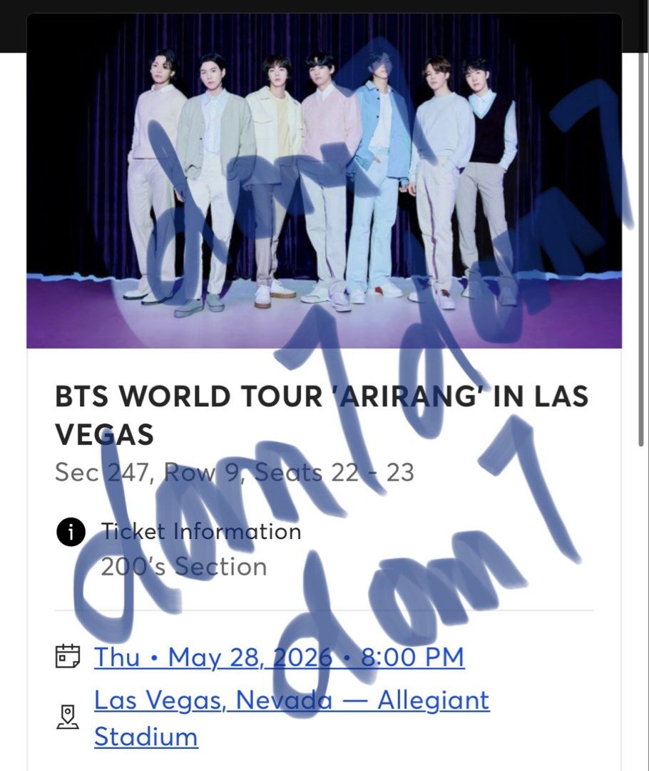 BTS Las Vegas May 28 Tickets (Category: Events Tickets) located in Pasay City. Submitted by fandom_ (Listing ID 1433186901, Image 1). Description: selling BTS las vegas day 4 tickets - may 28! two tickets beside each other! Sec 247, Row 9, Seats 22 - 23 Php 15,000 each / $ 250 (can nego) rfs: got our preferred seats! prefer to video call when transferring OR meet up in person pls! .