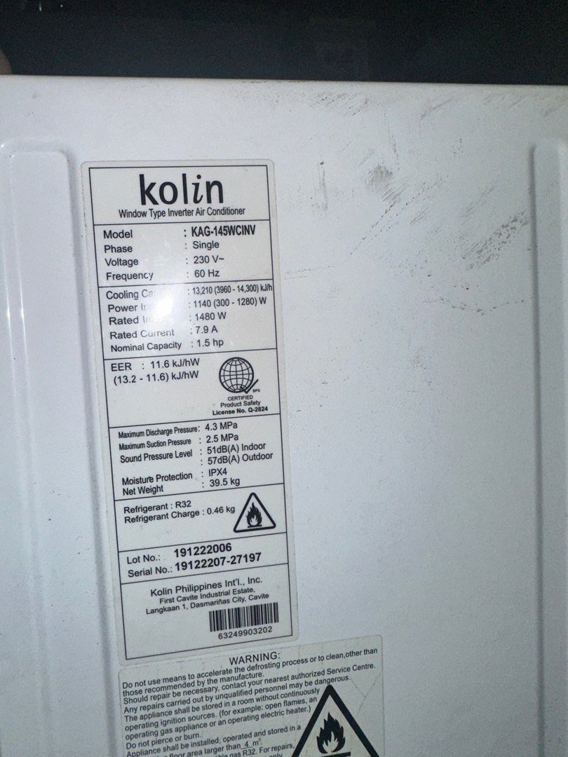 Buy 1 Take 1 Window Type Inverter Aircon (Category: Air Conditioning and Heating) located in Rizal. Submitted by _triagarcia (Listing ID 1433128483, Image 2). Description: Brand: Kolin Model: KAG-145WCINV Capacity: 1.5HP Style: Window type Inverter Features: Smart AC pwede connect sa wifi. May phone app para pwede ma control yung AC kahit nasa labas. With remote and manuals *Take 1 Aircon Brand: Mabe Capacity: 1.5HP Model: MEI12VR With remote Bot