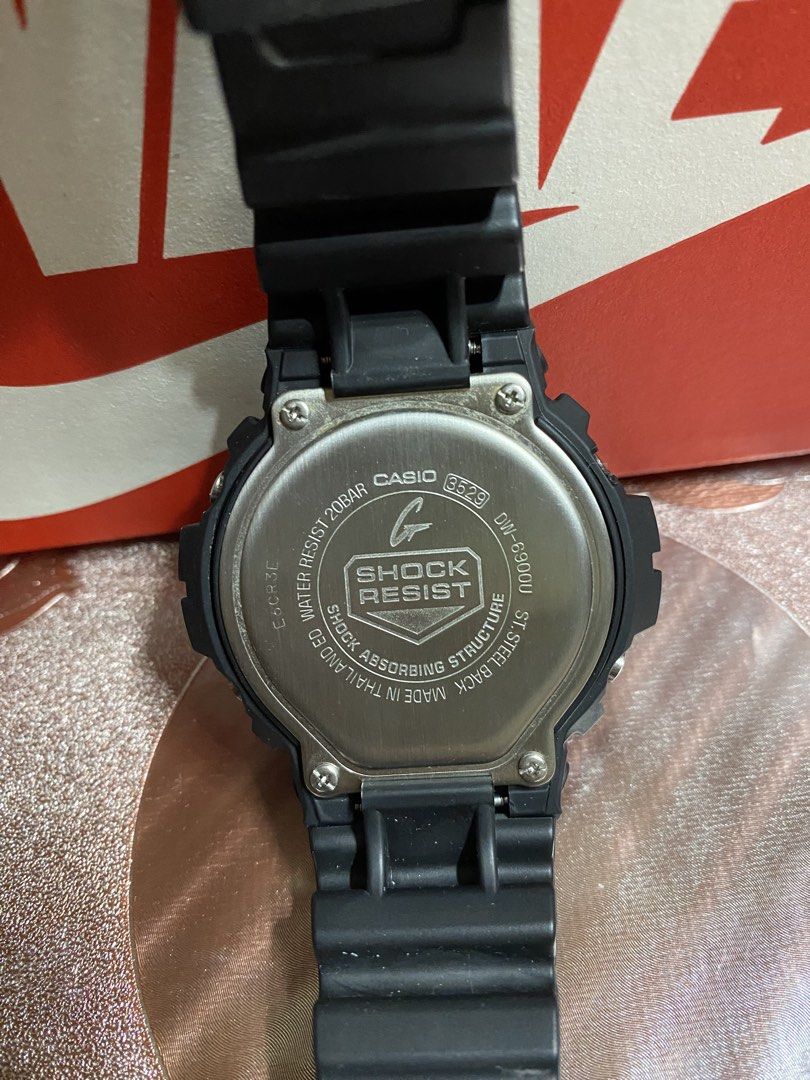 Casio G-Shock DW-6900 (Category: Men's Watches) located in Lingayen. Submitted by rizzaairtsua6 (Listing ID 1433033654, Image 2). Description: - Casio G-Shock DW-6900 - Black resin strap - Digital display (day, date, time) - Illuminator backlight - Stainless steel back - Water resistant to 20 bar.