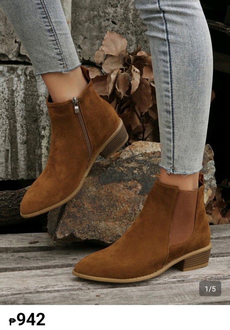 Chelsea Suede brown boots (Category: Boots) located in Iloilo. Submitted by haevyn (Listing ID 1433207806, Image 1). Description: chelsea boots. low heel. point toe. fabric and Pu leather. sold out in Shein..