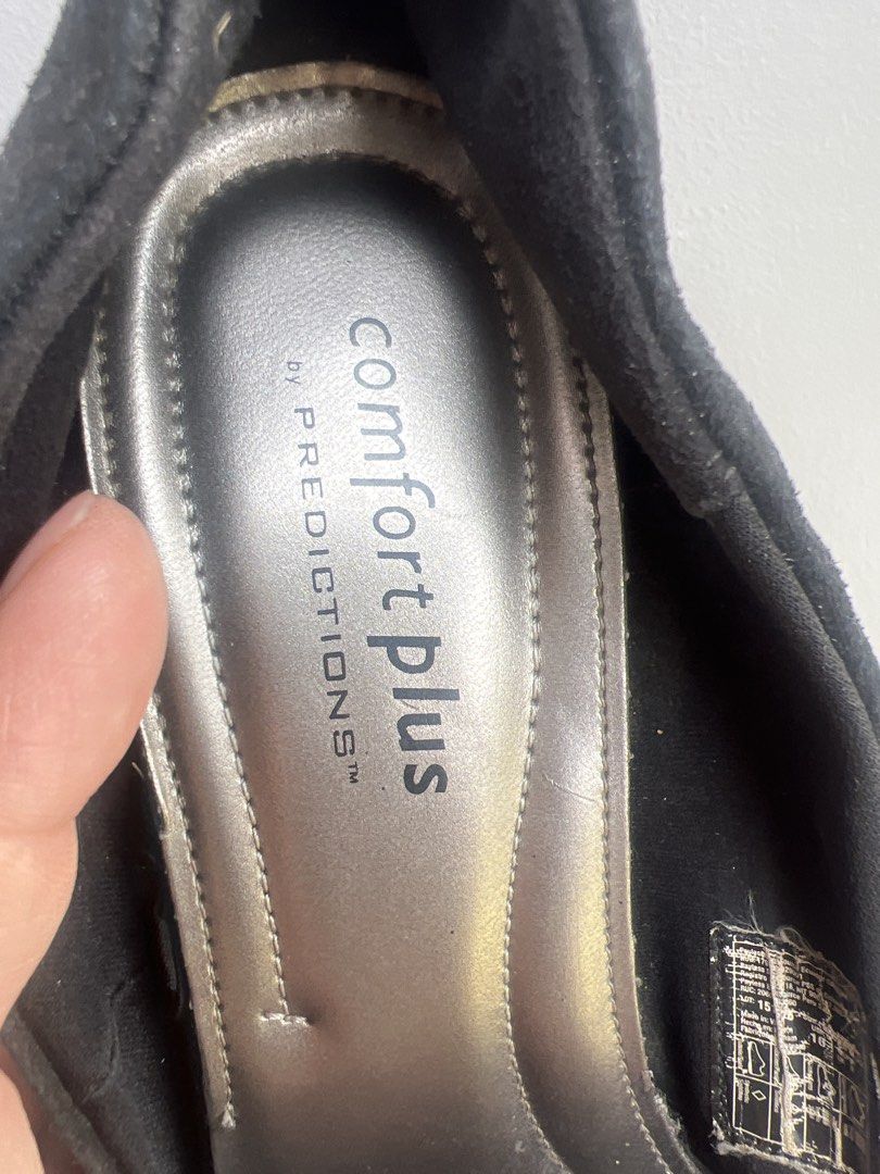 Comfort Plus by Predictions Black Heels Size 10 (Category: Heels) located in Cavite. Submitted by jyesebel (Listing ID 1433026654, Image 2). Description: - Comfort Plus by Predictions black heels - Size 10 - Round toe design - Suede-like texture - Some wear on soles and heels - Silver insole Price:₱300 (no more haggle please original po ito Materials: Suade Size: 24 to 24.5 cm Heels height: 8cm or 3 inches shipping at cost via LBCcot J&T Issue: p