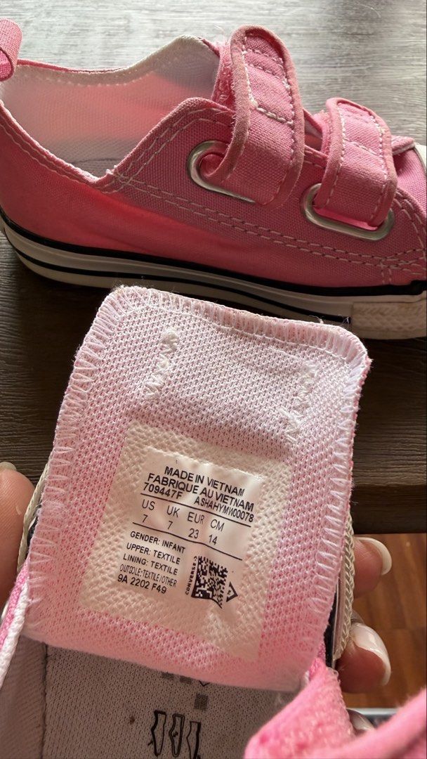 Converse All Star Pink Velcro Shoes (Category: Sneakers) located in Batangas. Submitted by vanitypreloved. (Listing ID 1433078043, Image 3). Description: - Authentic Converse All Star infant shoes - Color: Pink - Size: US 7, EUR 23, CM 14 - Easy velcro closure - from Canada - Signs of wear on soles - in really good condition.