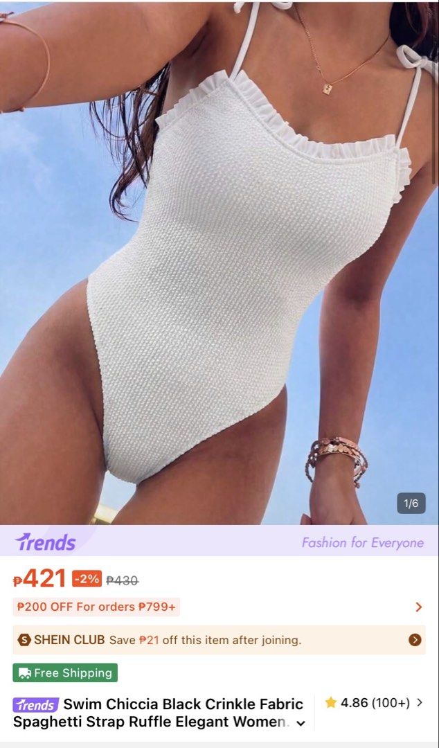 Crinkle Fabric Swimsuit One piece (Category: Bikinis & Swimsuits) located in Manila. Submitted by yeoboshop (Listing ID 1433118750, Image 1). Description: - Elegant white one-piece swimsuit. - Features spaghetti straps and ruffle details. - Made with textured crinkle fabric. - Adjustable tie straps. - Ideal for beach days and pool parties. -Small on tag.