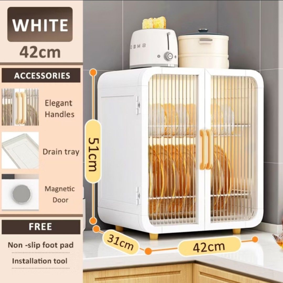Dish rack plate organizer cabinet ASSEMBLED (Category: Shelves, Cabinets & Racks) located in Pasig City. Submitted by artliam888 (Listing ID 1433104364, Image 2). Description: Dish rack plate organizer cabinet . - Stylish white cabinet - Two clear plastic doors - All white interior - Two white wire shelves - Wooden handles and legs . BRANDNEW never been used Already assembled. . PRICE: 1,695 pesos only . ✅ SAME DAY DELIVERY LALAMOVE ✅ PAY NOW GET