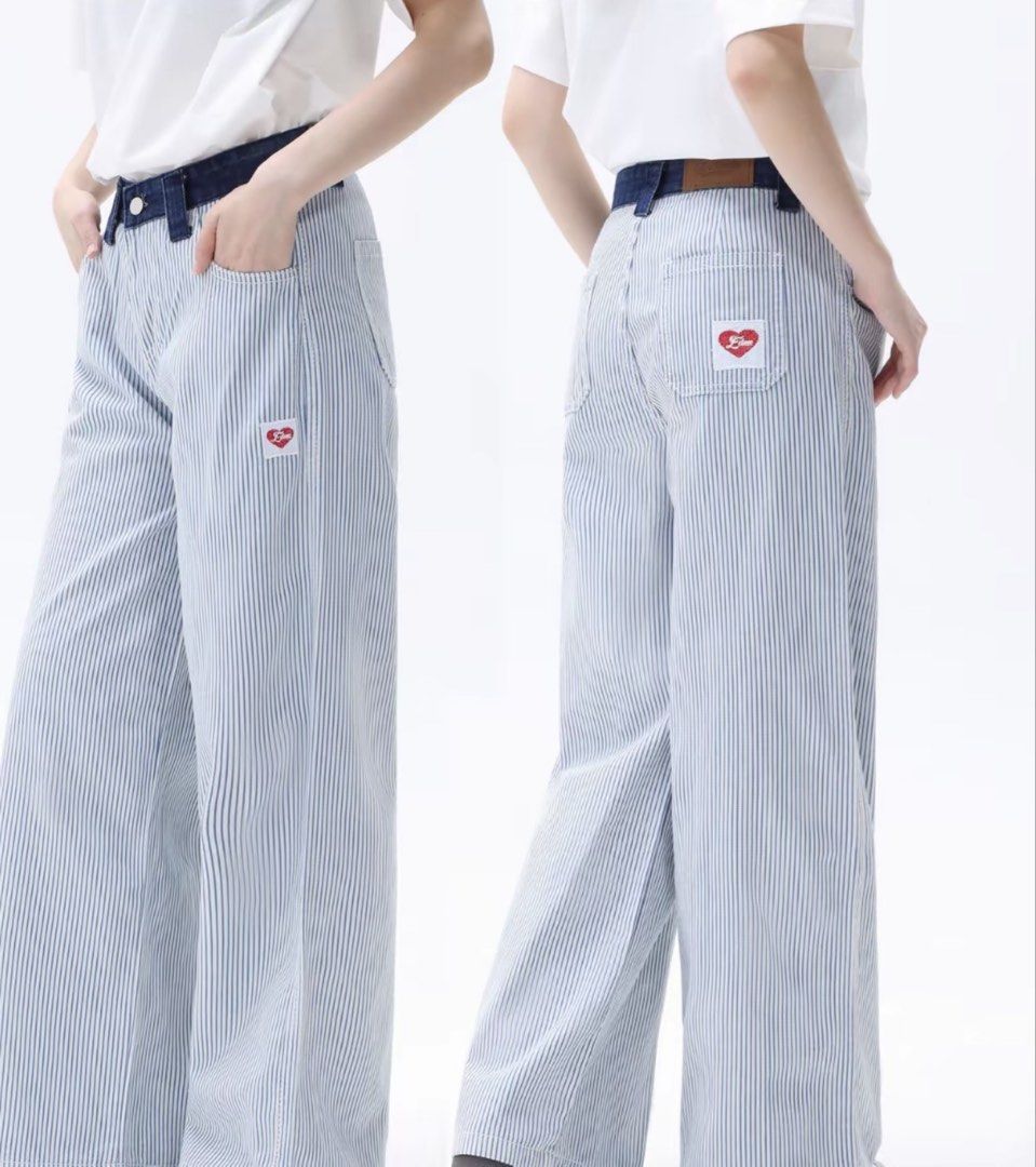 Eden Studio Striped Wide Leg Trousers (Category: Other Bottoms) located in Manila. Submitted by everything.haven (Listing ID 1433031510, Image 1). Description: - Eden Studio striped wide-leg trousers - Features denim waistband - Small heart logo on back pocket - Relaxed fit, mid waist - waist size 28 - Please refer to size chart in images for measurements.