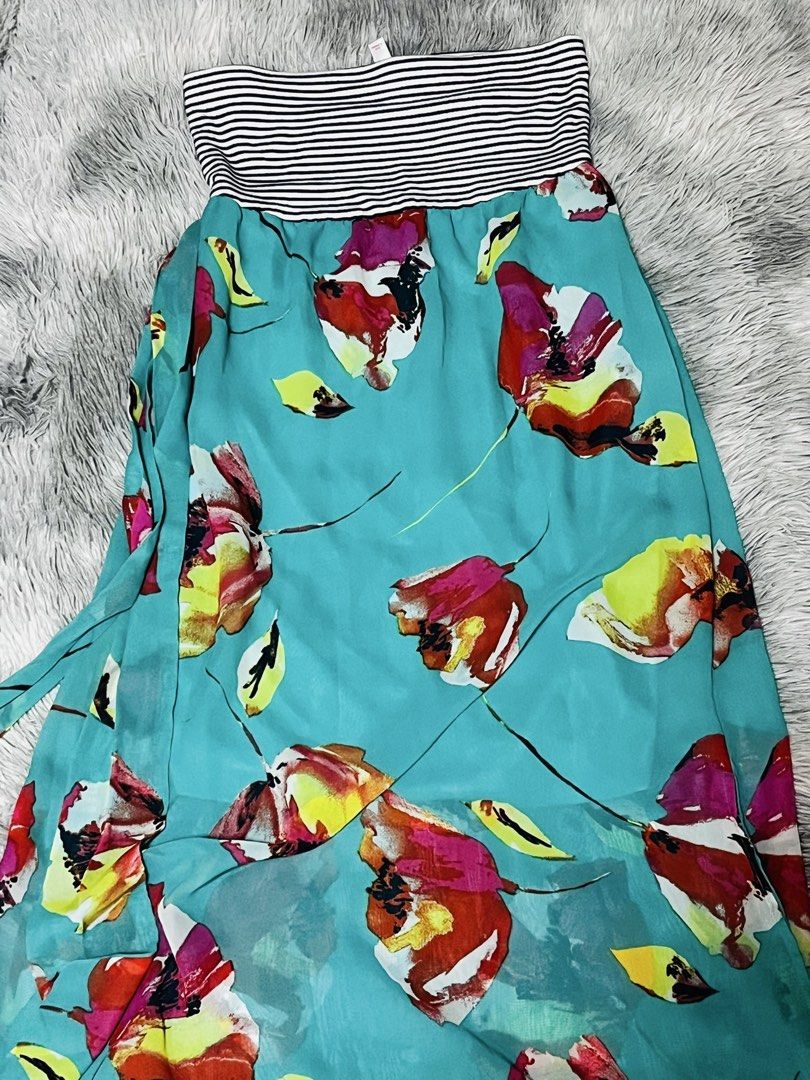 Floral Strapless Maxi Summer Dress (Category: Dresses) located in Roxas. Submitted by lacerna_wears (Listing ID 1433023805, Image 1). Description: - Strapless maxi dress - Eye-catching floral print (red, yellow, pink) on a turquoise background - Stylish black and white striped band - Includes a tie - Made of lightweight, flowy material - Ideal for warm weather.