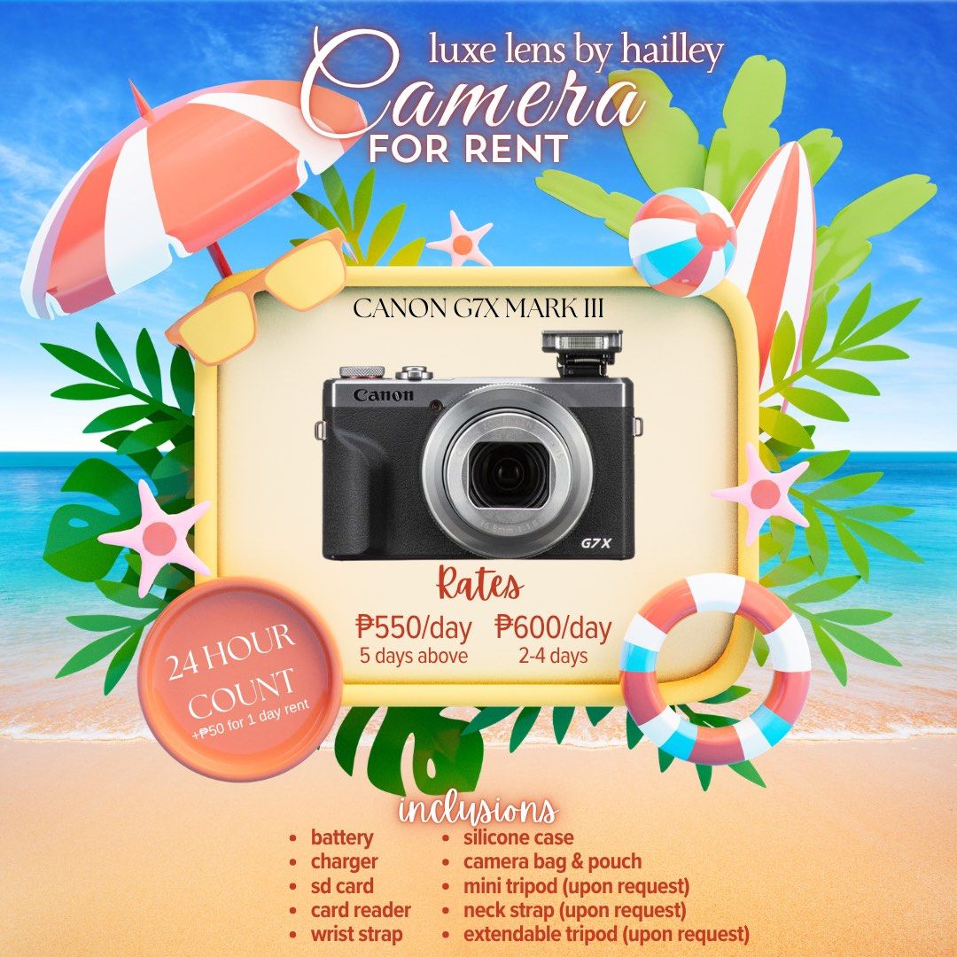 FOR RENT Canon G7X Mark III (Category: Cameras) located in Manila. Submitted by waldorfsupremacy (Listing ID 1433192473, Image 2). Description: ♡ CAMERA FOR RENT ♡ ✅ DTI Registered ⏰ 24 hours count (applicable for 3 days up rentals) 📍 Tondo, Manila.