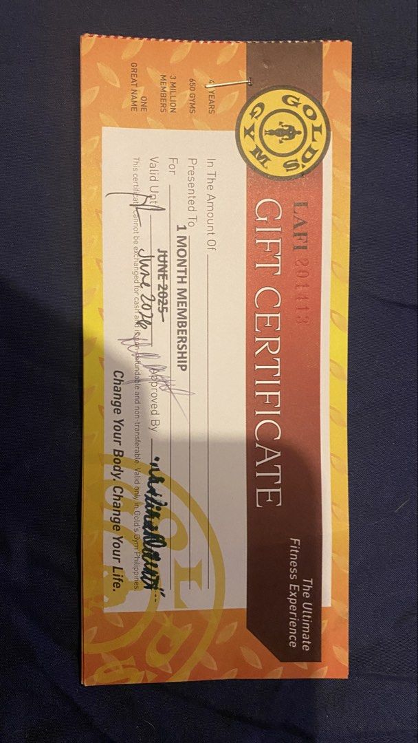 Gold’s Gym Gift Certificate - 4 left (Category: Everything Else Others) located in Makati City. Submitted by benitov (Listing ID 1433120615, Image 2). Description: Price is per piece. If bought as a bundle, 4,300 only. Applicable to all branches except SanLo. Feel free to call to confirm for your peace of mind. These are my last 4 GCs, already sold 12 pieces. You may also give these away as gifts since they are not named. Already re-dated to 2026