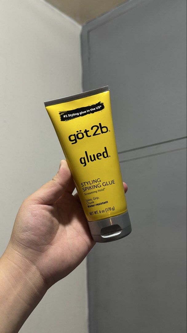 got2b Glued Styling Spiking Glue 6 oz (Category: Hair) located in Caloocan City. Submitted by contessa_ (Listing ID 1433149712, Image 1). Description: - got2b Glued Styling Spiking Glue - Provides extreme hold for spikes and chunks - Water-resistant formula - 6 oz (170 g) tube - Yellow product with silver cap.