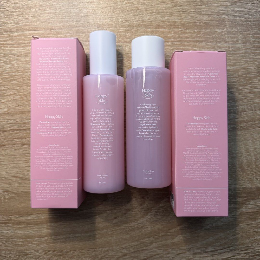 Happy Skin Ceramide Boost Moisture Ampoule Toner (Category: Face Care) located in Malabon City. Submitted by immaneedspace (Listing ID 1433062291, Image 3). Description: Ceramide + B12 Boost Moisture Essence Lotion ❌SOLD❌ Ceramide Boost Moisture Ampoule Toner ✅ - Benefits: - Softens and brightens skin (lotion) - Hydrates and preps skin (toner) - Contains ceramide and hyaluronic acid - Strengthens skin barrier MFG: 07-2024 SRP: ₱1k each.