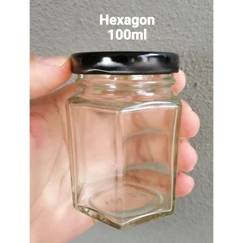 Hexagon Glass Jars 100ml with Black Lids