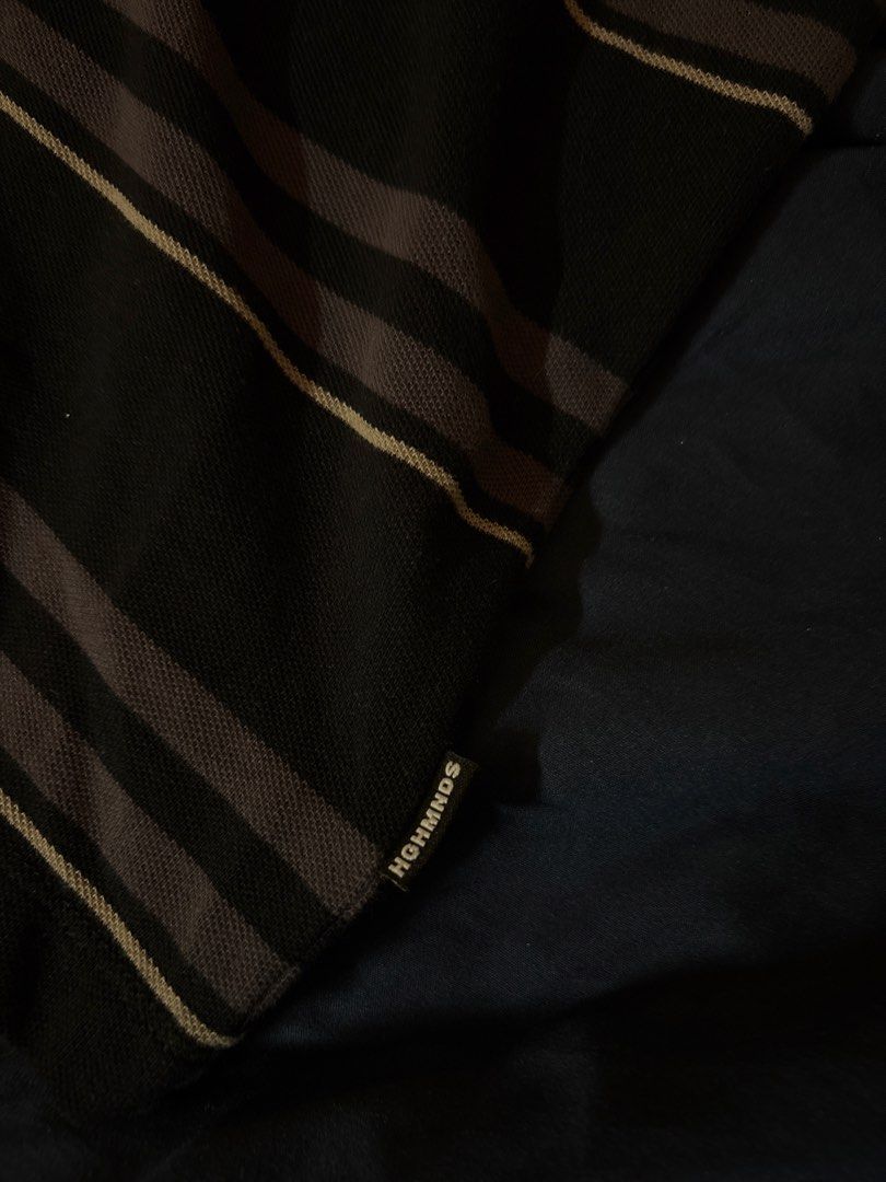 HGHMNDS Striped Polo Shirt (Category: Tshirts & Polo Shirts ) located in Manila. Submitted by detsvdr (Listing ID 1433120971, Image 2). Description: - HGHMNDS Polo Shirt - Striped design (black and gray) - Collared neckline - Button-up placket - Long sleeves - Size: Medium RFS: Declutter - Not really my size.