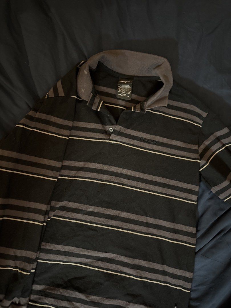 HGHMNDS Striped Polo Shirt (Category: Tshirts & Polo Shirts ) located in Manila. Submitted by detsvdr (Listing ID 1433120971, Image 1). Description: - HGHMNDS Polo Shirt - Striped design (black and gray) - Collared neckline - Button-up placket - Long sleeves - Size: Medium RFS: Declutter - Not really my size.