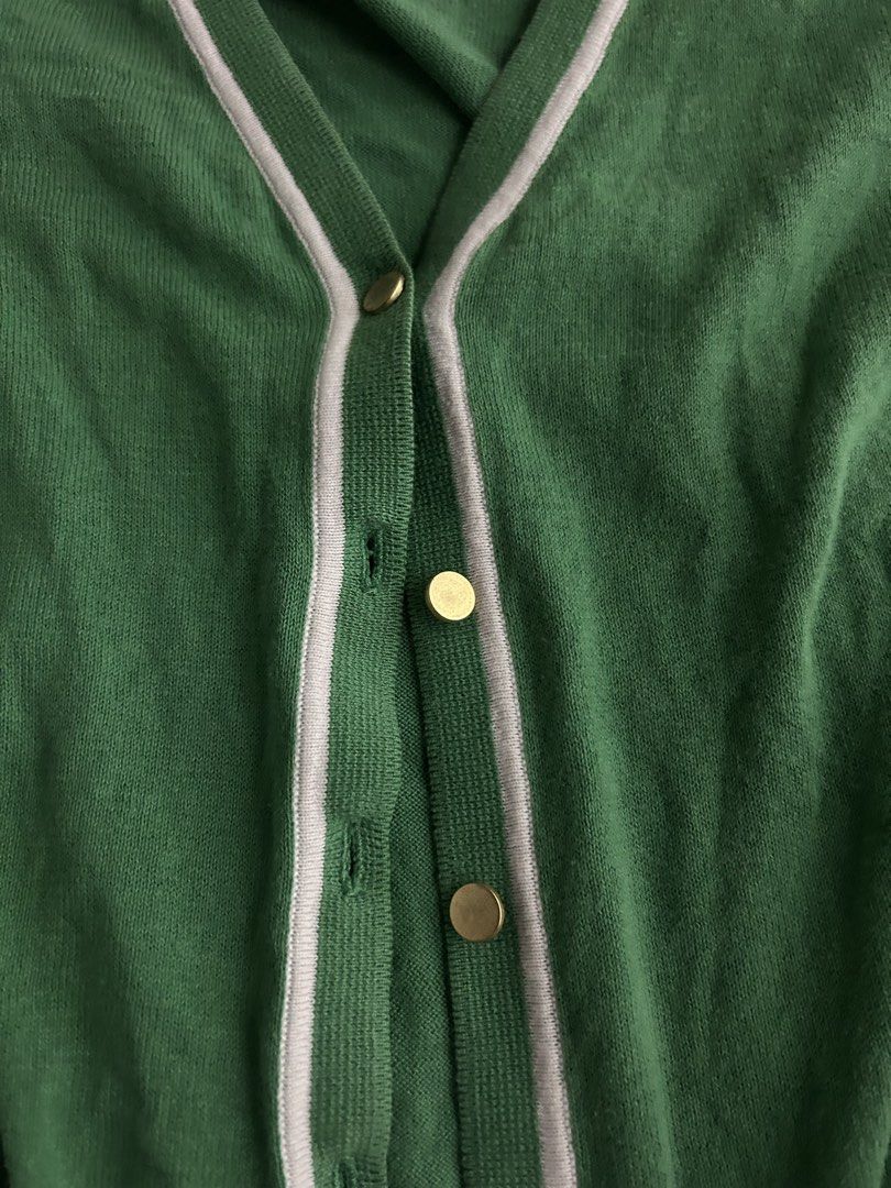 Green Cardigan (Category: Coats, Jackets and Outerwear) located in Manila. Submitted by cheatea (Listing ID 1433182126, Image 2). Description: - Hobbs London cardigan - Green color - V-neck design - White trim - Gold buttons - Visible brand tag.
