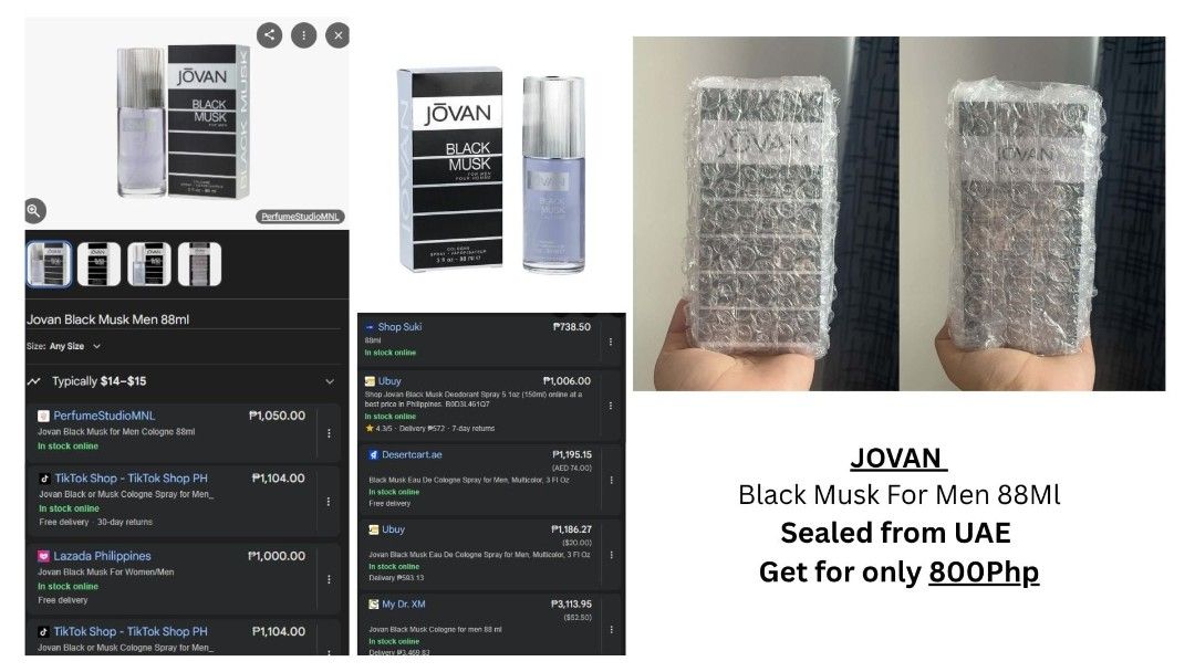 Jovan Black Musk For Men 88ml (Category: Fragrance & Deodorants) located in Quezon City. Submitted by forsyth21 (Listing ID 1433068759, Image 1). Description: - Authentic Jovan Black Musk for Men cologne - 88ml bottle - Sealed and imported from UAE - Price: PHP800 - Perfect for everyday use or gifting - A classic fragrance for the modern man.
