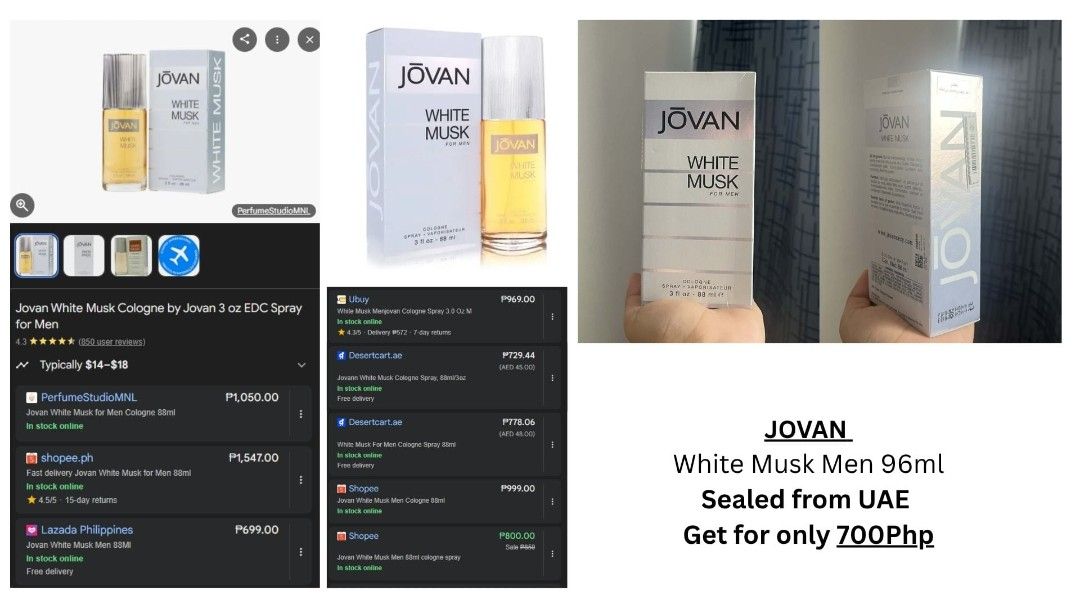 Jovan White Musk Men 96ml (Category: Fragrance & Deodorants) located in Quezon City. Submitted by forsyth21 (Listing ID 1433068999, Image 1). Description: - Authentic Jovan White Musk cologne for men - 96ml bottle - Sealed, sourced from UAE - Price: PHP 700 - Great for daily wear or gifting - Product as shown in images.