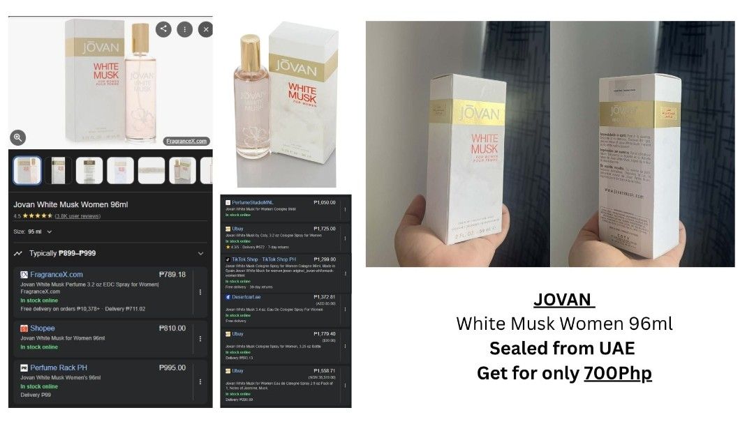Jovan White Musk Women 96ml (Category: Fragrance & Deodorants) located in Quezon City. Submitted by forsyth21 (Listing ID 1433068528, Image 1). Description: - Authentic Jovan White Musk perfume for women - 96ml bottle - Imported from UAE - Sealed, brand new - Perfect gift idea! - Price: PHP700.