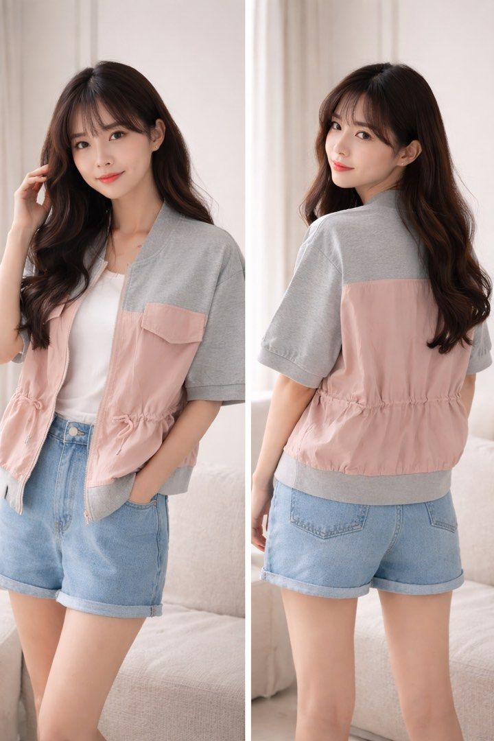 Korean Two-Tone Casual Jacket (Gray x Blush Pink) (Category: Coats, Jackets and Outerwear) located in Taguig. Submitted by oeyoo (Listing ID 1433120610, Image 1). Description: Korean Two-Tone Casual Jacket (Gray x Blush Pink) Fit/style same as the model/picture Korean-style jacket that’s perfect for everyday wear. Features a soft heather gray cotton upper and a light blush pink nylon bottom, plus an adjustable drawstring waist for a flattering sh