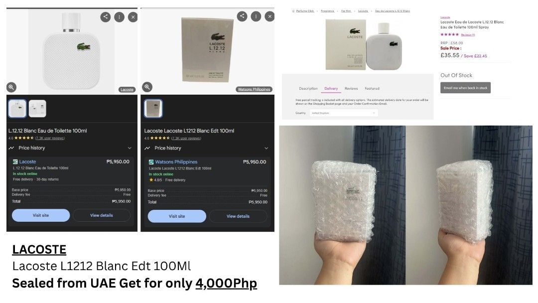 Lacoste L1212 Blanc Edt 100ml (Category: Fragrance & Deodorants) located in Quezon City. Submitted by forsyth21 (Listing ID 1433068423, Image 1). Description: - Authentic Lacoste L1212 Blanc Eau de Toilette - 100ml bottle, sealed - Sourced from UAE - Selling Price: 4,000 PHP (Original Price: 5,950 PHP) - Perfect for gifting or personal use - Item is in original packaging.