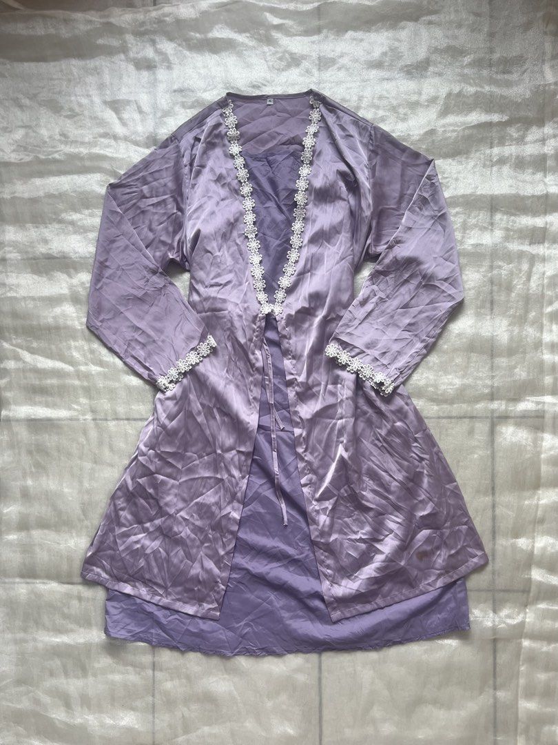 Lilac Satin Dress with Robe (Set) (Category: Undergarments & Loungewear) located in Quezon City. Submitted by mei_declutters (Listing ID 1433161414, Image 1). Description: Code Lilac Robe Set Brand: —— Size: L-XL Flaws: some minimal stains .