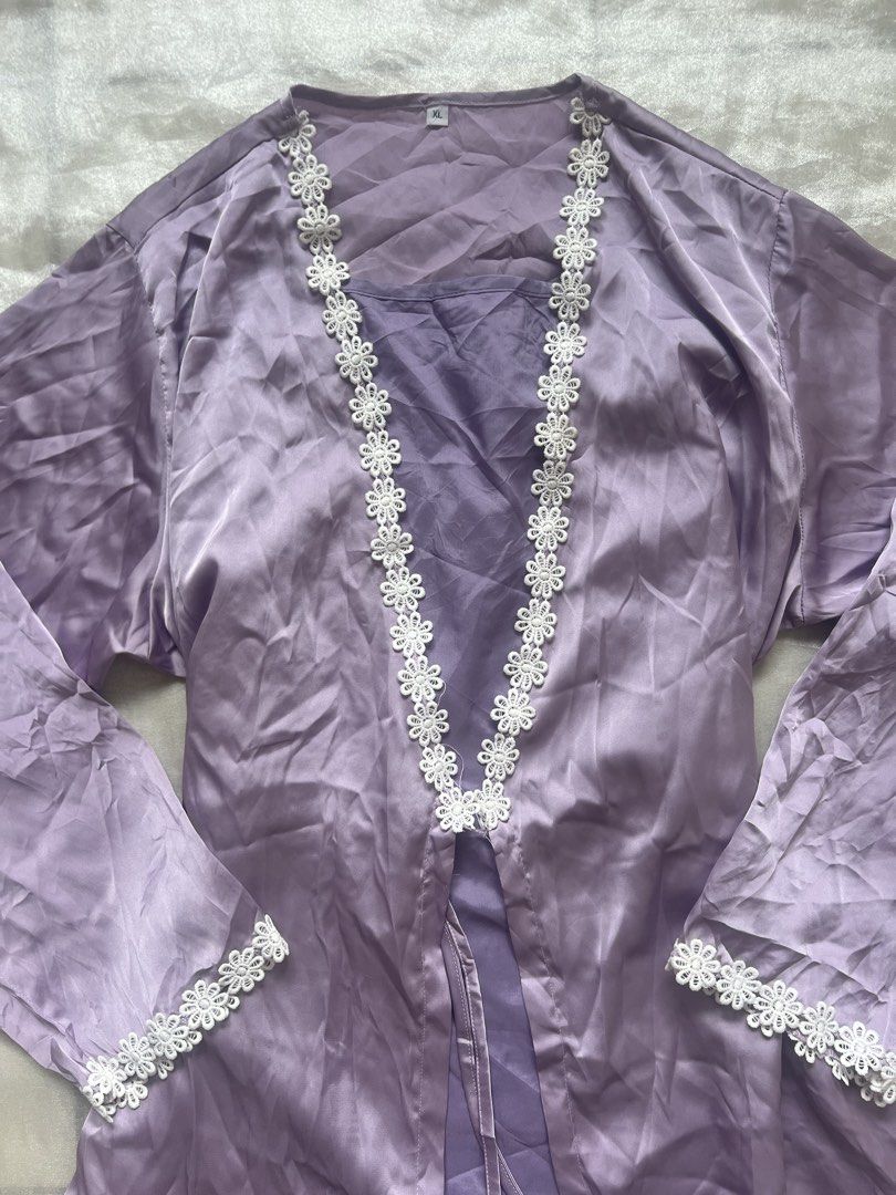 Lilac Satin Dress with Robe (Set) (Category: Undergarments & Loungewear) located in Quezon City. Submitted by mei_declutters (Listing ID 1433161414, Image 3). Description: Code Lilac Robe Set Brand: —— Size: L-XL Flaws: some minimal stains .