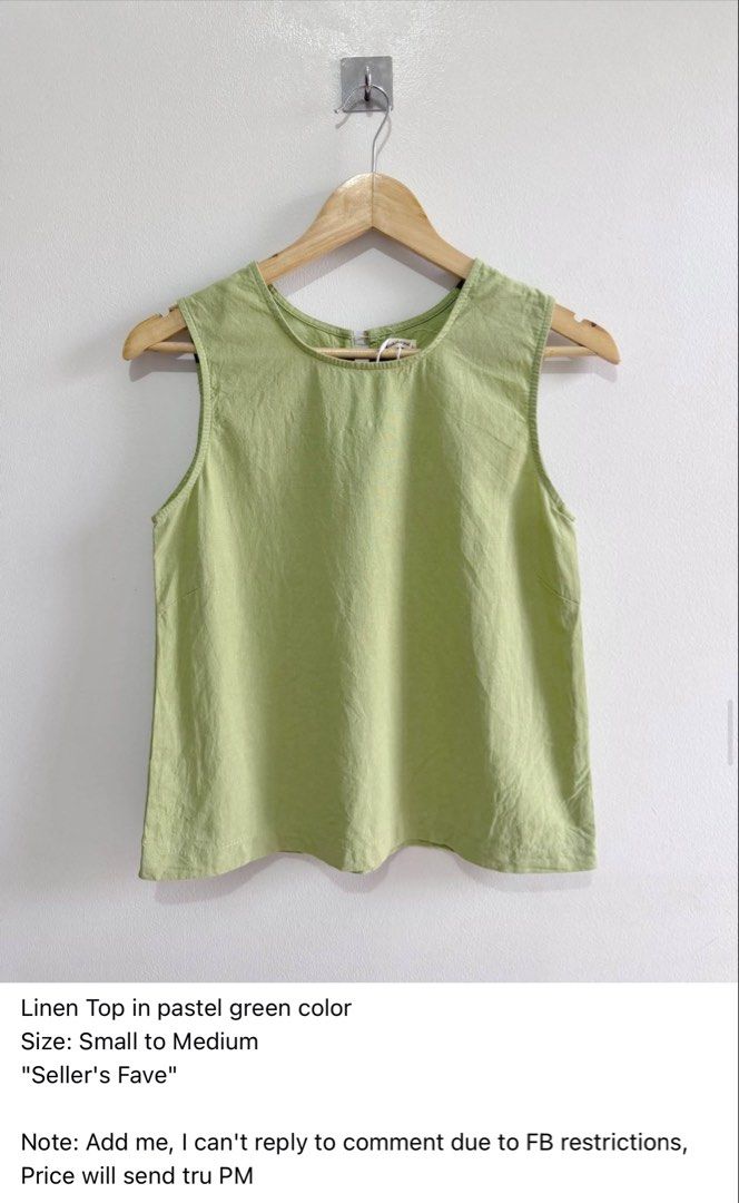 Linen Pastel Green Top - Small to Medium (Category: Blouses) located in Paranaque City. Submitted by closetcoph (Listing ID 1433089314, Image 1). Description: - Pastel green linen top - Sleeveless design - Size: Small to Medium - Perfect for warm weather - Message for price.