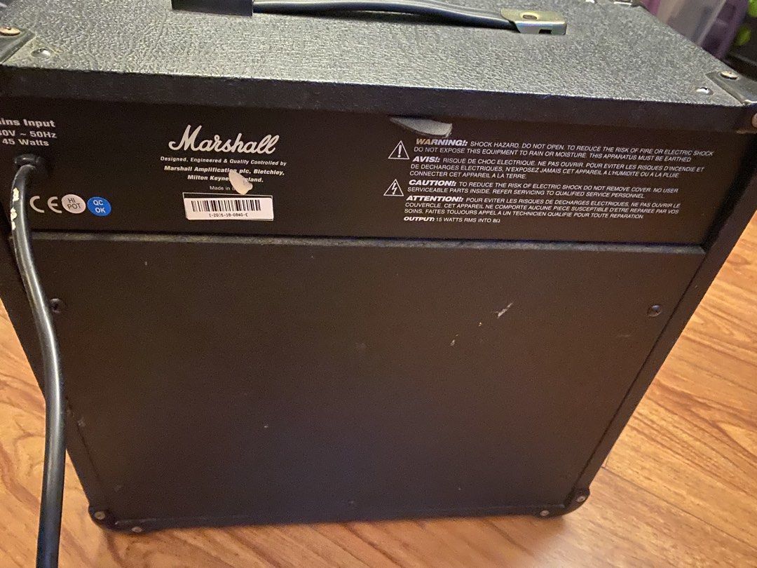 Marshall MG15CD Guitar Amplifier (Category: Soundbars, Speakers & Amplifiers) located in Quezon City. Submitted by gab_tan (Listing ID 1433131095, Image 2). Description: - Marshall MG15CD guitar amplifier - 15 watts RMS into 8 Ohms - Controls: Input, Volume, Gain, Overdrive, Bass, Contour, Treble - Headphone jack included - Comes with a power cable - Designed and engineered by Marshall Amplification.