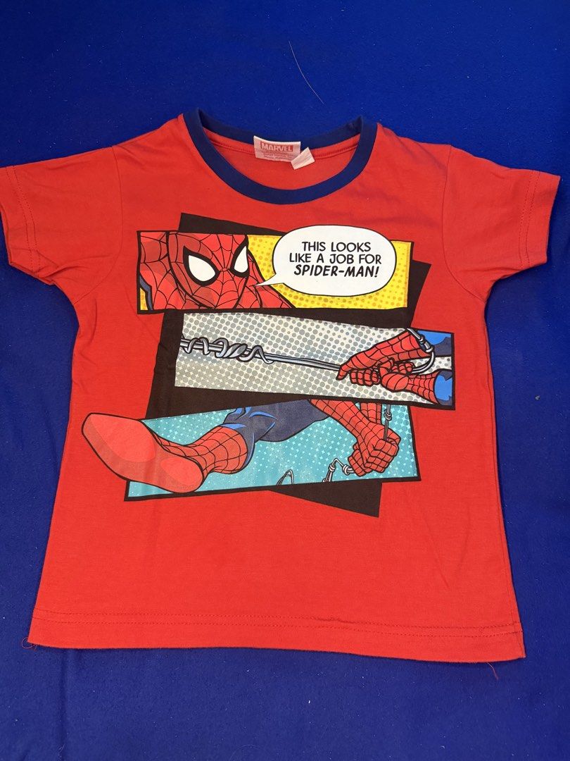 Marvel Spider-Man for kids (Category: Tshirts & Polo Shirts ) located in Makati City. Submitted by prelovedkitty13 (Listing ID 1433095239, Image 1). Description: - Red Spider-Man graphic tee - Comic book style design - Blue trim on collar - Features Spider-Man graphic.