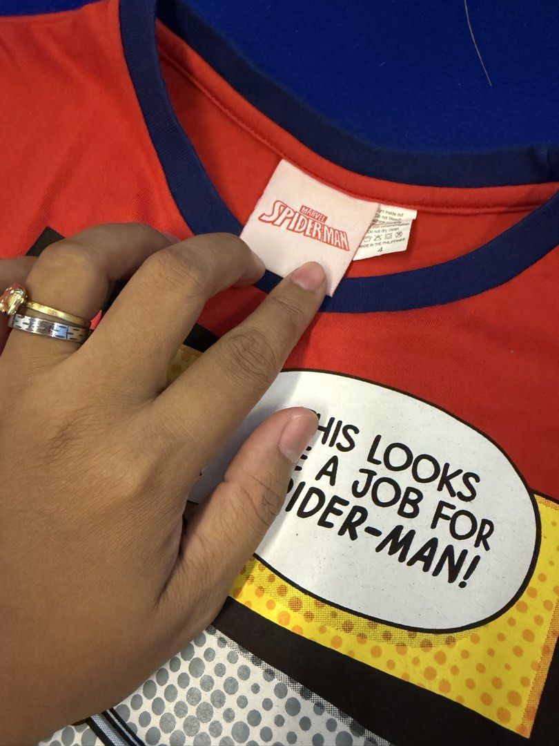 Marvel Spider-Man for kids (Category: Tshirts & Polo Shirts ) located in Makati City. Submitted by prelovedkitty13 (Listing ID 1433095239, Image 2). Description: - Red Spider-Man graphic tee - Comic book style design - Blue trim on collar - Features Spider-Man graphic.