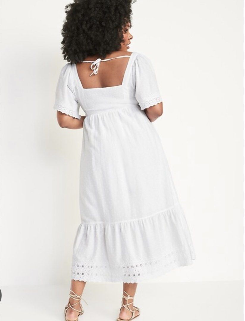 Old Navy White Embroidered Midi Dress (Category: Dresses) located in Binangonan. Submitted by ally_b (Listing ID 1433044851, Image 2). Description: - Old Navy white midi dress - Square neckline - Short puff sleeves - Embroidered bodice detailing - Tiered hemline - Pockets - Tie back detail - Perfect for a casual, feminine style.