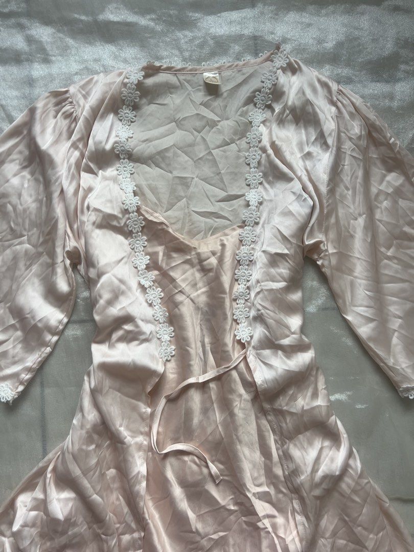 Peach Satin Dress with Robe (Set) (Category: Undergarments & Loungewear) located in Quezon City. Submitted by mei_declutters (Listing ID 1433161419, Image 2). Description: Code Peach Robe Set Brand: —— Size: S-L Flaws: some pink stains.