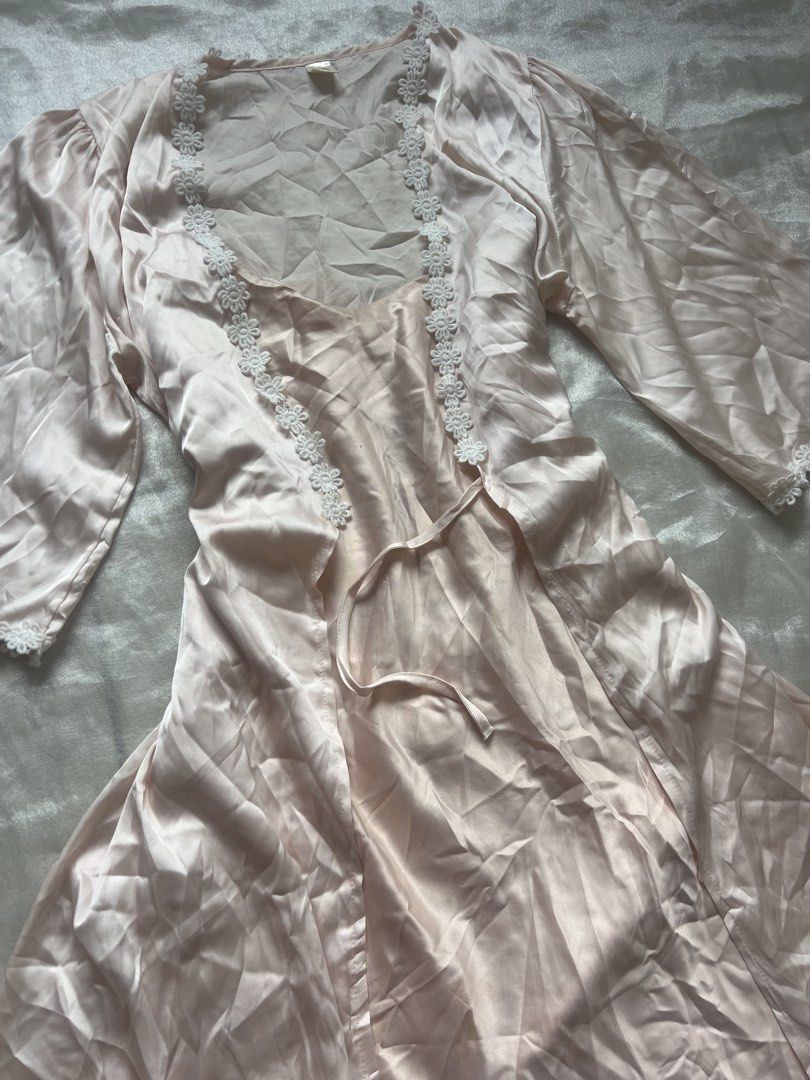 Peach Satin Dress with Robe (Set) (Category: Undergarments & Loungewear) located in Quezon City. Submitted by mei_declutters (Listing ID 1433161419, Image 3). Description: Code Peach Robe Set Brand: —— Size: S-L Flaws: some pink stains.