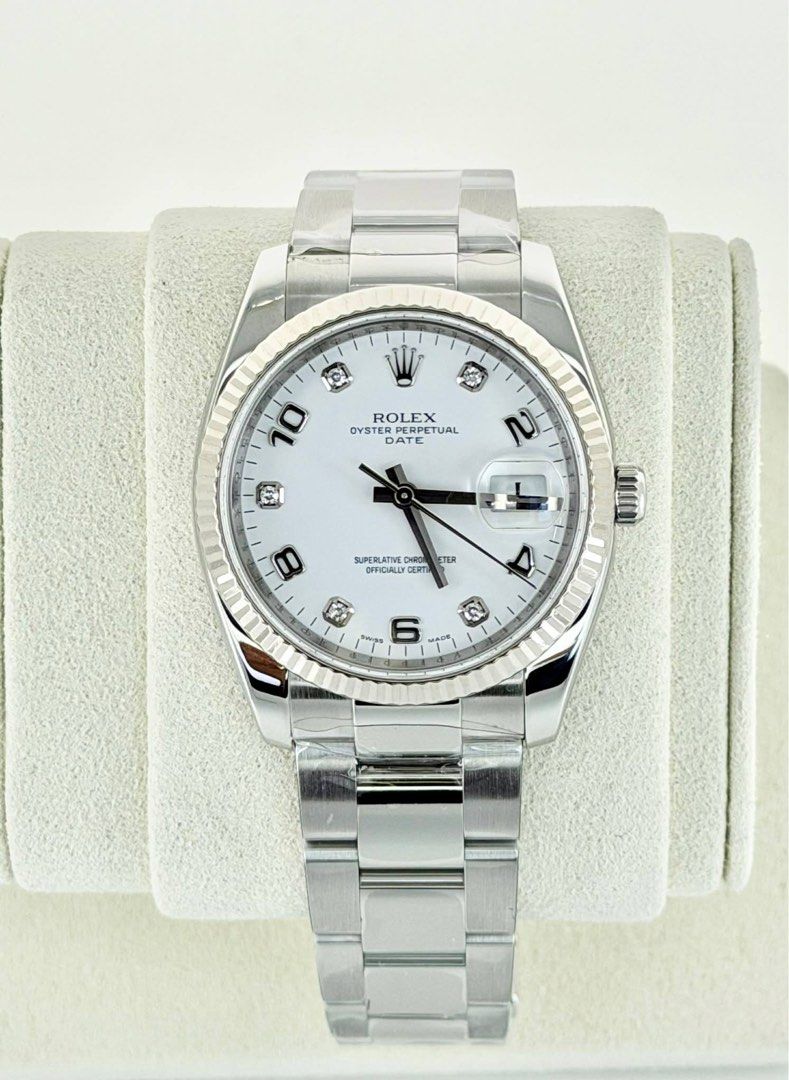 Rolex Oyster Perpetual Date Diamond Dial (Category: Luxury Watches) located in Manila. Submitted by wycliff_renz (Listing ID 1433029557, Image 1). Description: 2014 Oyster Perpetual Arabic Diamond Dial 34mm - 18K white gold flutted bezel - Oyster bracelet - Automatic movement - Complete set - Pristine condition Mode of Payment: BPI/BDO/UB Loc: Quezon City / Manila No low ballers, please. Thanks. Pm me if interested.