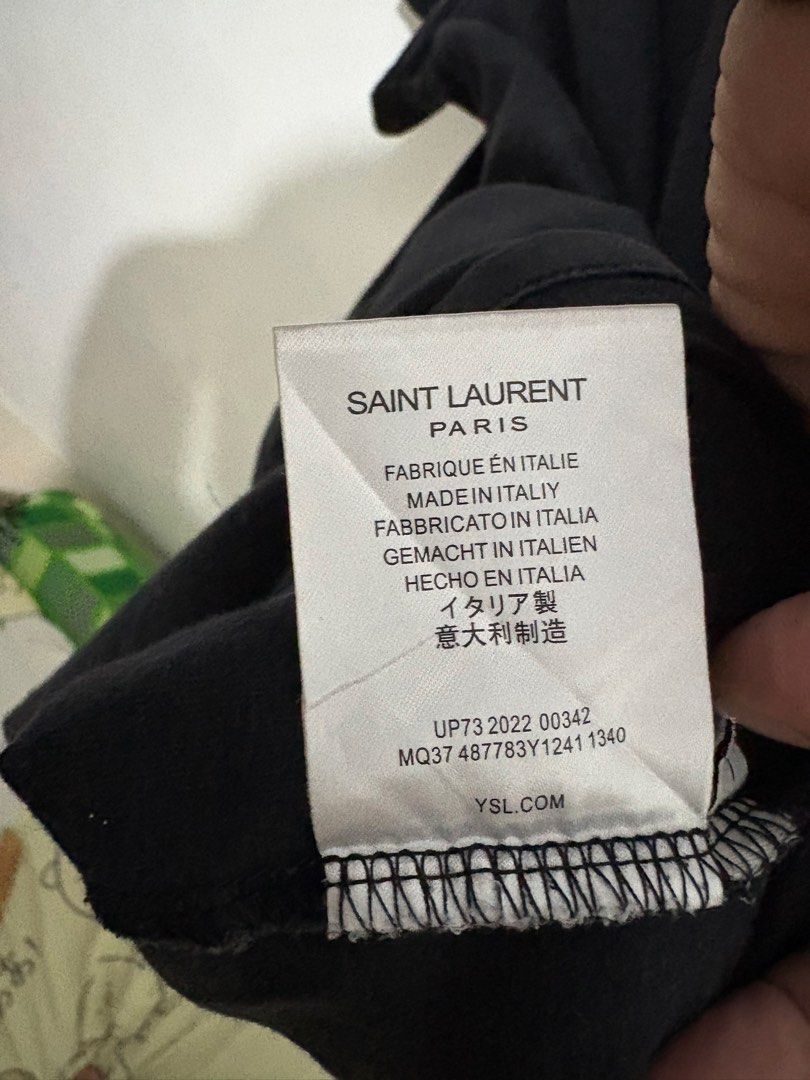 Saint Laurent Paris Black T-shirt (Category: Shirts) located in Cabanatuan. Submitted by chingweyyy (Listing ID 1433138355, Image 3). Description: - Authentic Saint Laurent Paris T-shirt - Features the YSL logo on the front - Made in Italy - Crew neck design - Product code: UP73 2022 00342 - Style code: MQ37 487783Y1241 1340 - 21 width 24 length.