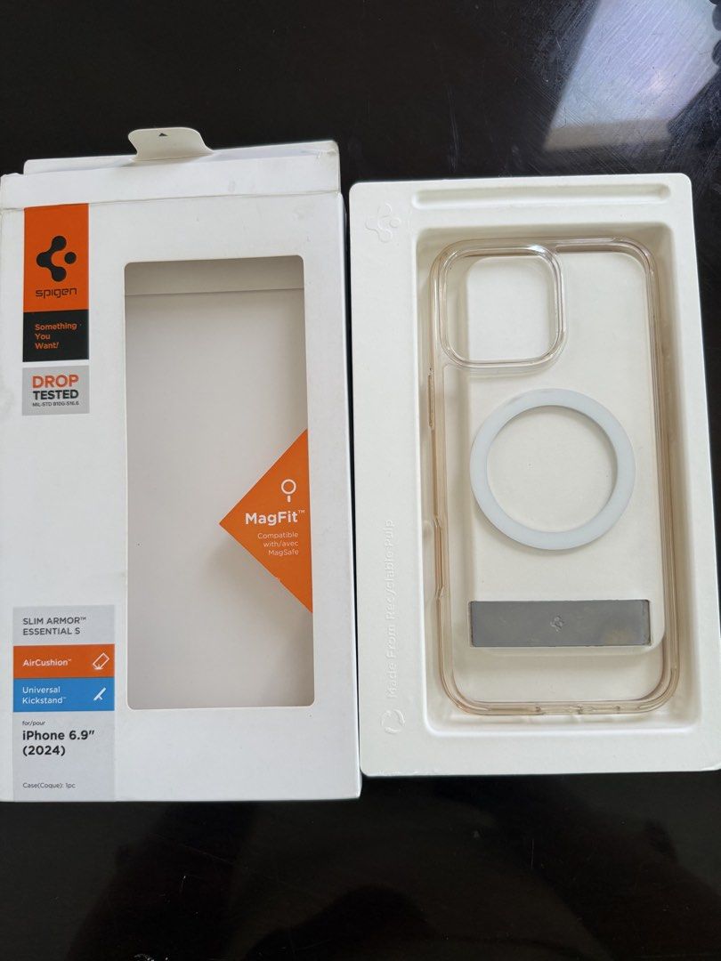 Spigen slim armor essential s 16 promax case with stand (Category: Cases & Sleeves) located in Manila. Submitted by aneajmik (Listing ID 1433040837, Image 1). Description: - Spigen Slim Armor Essential S case for iPhone 16 Pro Max. - Clear design. - Built-in stand for convenient viewing. - MagFit compatible. - Provides stylish protection..