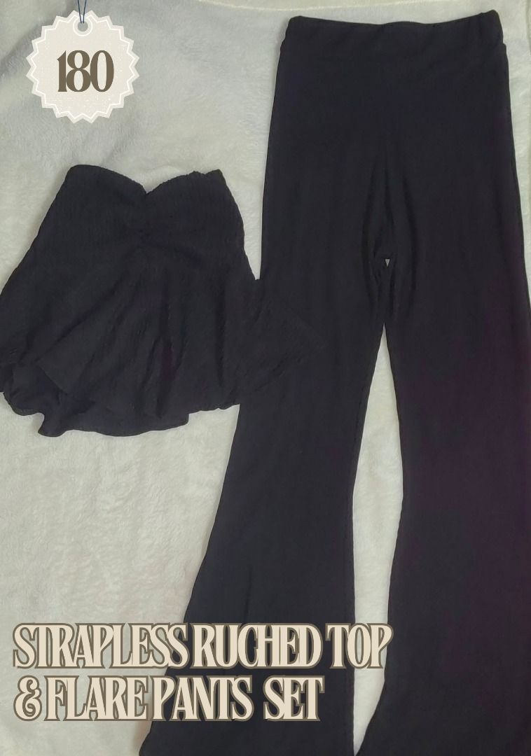 Strapless Ruched Top & Flare Pants Set (Category: Sets or Coordinates) located in Manila. Submitted by aicakes023 (Listing ID 1433158629, Image 1). Description: - Black strapless top with ruched design - Matching flare pants - Complete black set - Price: ₱180.