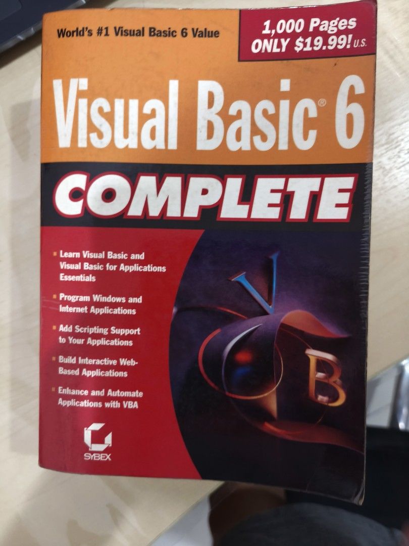 Visual Basic 6 Complete (Category: Textbooks) located in Kuala Lumpur. Submitted by gan250908 (Listing ID 1433076850, Image 1). Description: Book is for learning Visual Basic 6. It covers topics such as Visual Basic for Applications essentials, programming Windows and Internet applications, adding scripting support, building interactive web-based applications, and enhancing and automating applications with VBA. It has 1,000 pages..