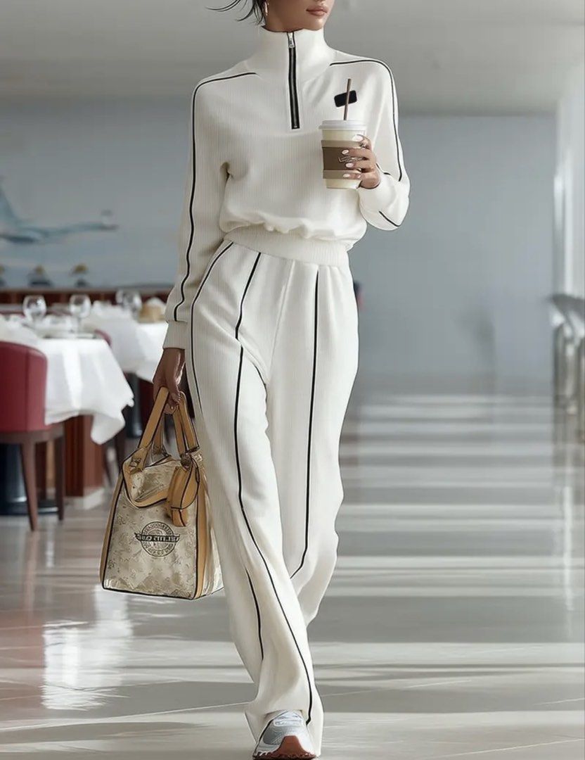 Selling low! White Tracksuit Set with Black Stripes (Category: Sets or Coordinates) located in Cebu City. Submitted by itsmegeecebu (Listing ID 1433093948, Image 1). Description: - White tracksuit set - Zip-up top with high collar - Wide-leg pants with elastic waistband - Black stripe accents on sides and sleeves - Best fit to XL-XXL - Bought in Thailand for 1,300 + in peso - Top is worn twice yet still in pristine condition - Bottom was never us